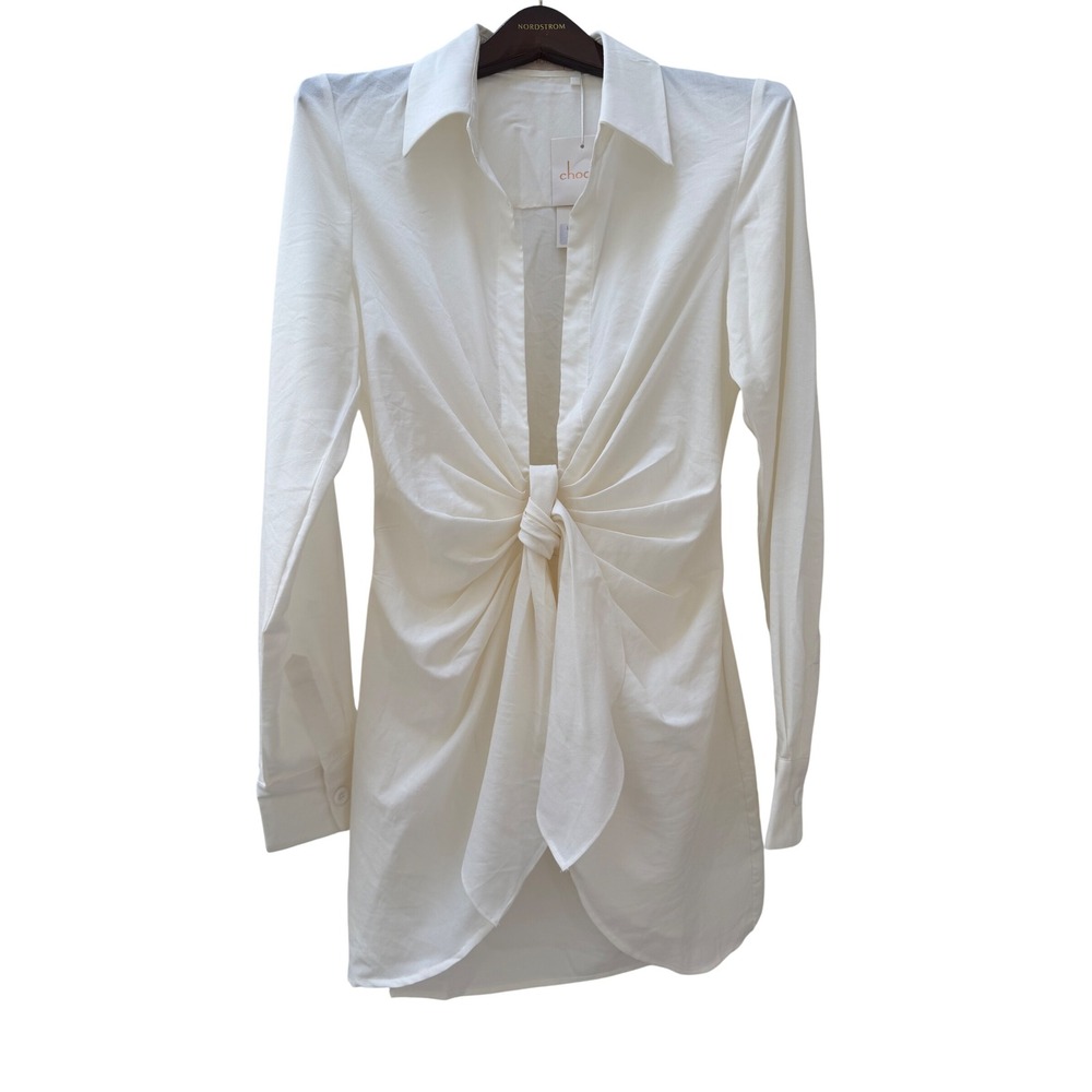 Choosy White Long Sleeve Knot Front Ruched Mini Dress Size 6 NWT